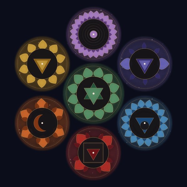 The seven chakra lotus mandalas from the videos, arranged root to crown